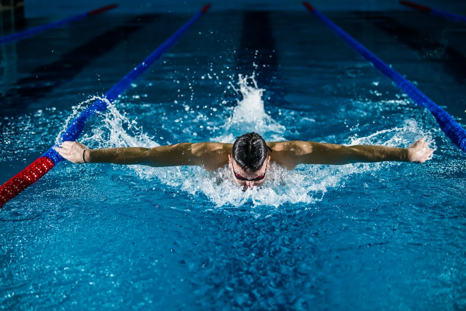 Swimmer doing butterfly stroke in a pool lane